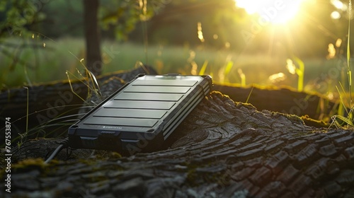 A closeup shot of a solarpowered device charging in the sunlight highlighting the convenience and portability of renewable energy. . AI generation. photo