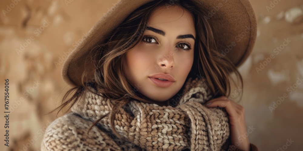 Attractive Elegant Woman in Stylish Autumn Attire, wearing Hat and Scarf in Earth Tones. Set against Neutral Background. Attractive Elegant Woman in Stylish Autumn Attire, wearing Hat and Scarf in Earth Tones. Set against Neutral Background.