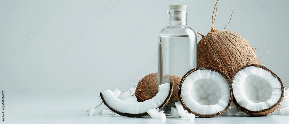 A bottle of clear coconut oil and halved coconuts against a white background A bottle of clear coconut oil and halved coconuts against a white background
