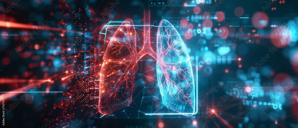 A high-tech holographic image of human lungs floats in a digital data space A high-tech holographic image of human lungs floats in a digital data space