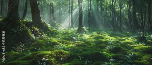 A Gentle sunlight filters through the canopy onto a verdant photo