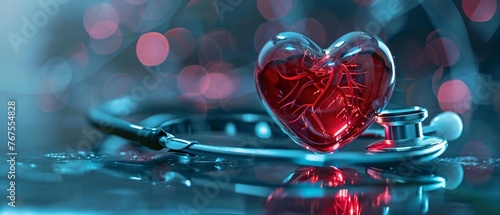 A Glass heart with heartbeat signal on a stethoscope