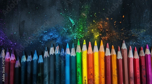 A rainbow of colored pencils lies with pigment dust against a dark blackboard background.