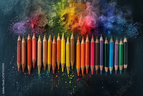 A rainbow of colored pencils lies with pigment dust against a dark blackboard background. photo