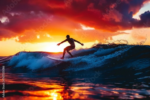 A Silhouette of a surfer riding a wave during a breathtaking sunset on the ocean.