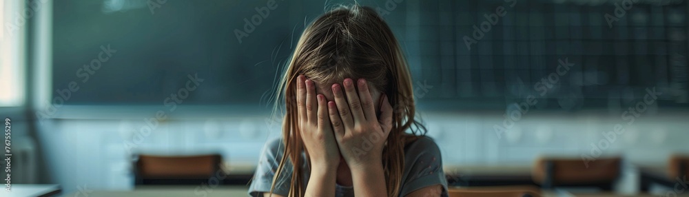 Fototapeta premium A young girl sits distraught in a classroom setting covering her face with her hands