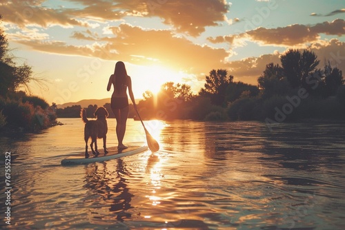 A Woman in serene river landscape enjoying paddleboarding at sunset with her loyal dog companion. photo