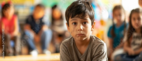 A young boy sits alone looking sad while other children are in the background at school. photo