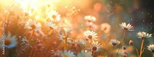 Impressionist Spring Scene: Warm Sunlit Meadow Abloom with White Daisies, Ethereal Bokeh Background photo
