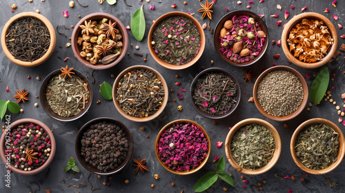 Variety of loose leaf dry tea in small bowls on rustic black background.