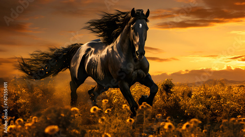 running thoroughbred muscular horse across the field. mammal. biology and fauna