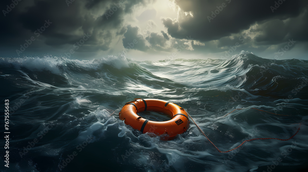 Lifebuoy floating on the sea, symbolizing safety - obrazy, fototapety, plakaty 
