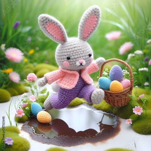 ai generated Happy Easter 3d realistic bunny doll Crochet figure jumping over a muddy puddle carrying a basket filled with colorful Easter eggs against a beautiful meadow flowers background