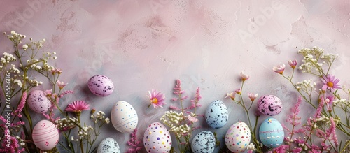 Easter-themed backdrop featuring decorated eggs and fresh spring blooms. Overhead perspective with room for text. © Vusal