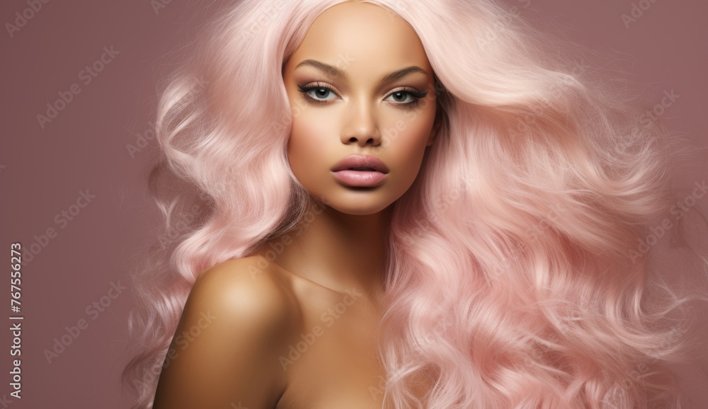 Portrait of a beautiful Blonde Hair of caucasian woman with a bright smile for shampoo advertising concept Hair conditioner and cosmetic products on pastel pink background. Portrait of a beautiful Blonde Hair of caucasian woman with a bright smile for shampoo advertising concept Hair conditioner and cosmetic products on pastel pink background.