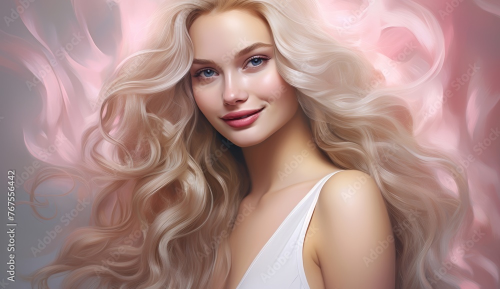 Portrait of a beautiful Blonde Hair of caucasian woman with a bright smile for shampoo advertising concept Hair conditioner and cosmetic products on pastel pink background. Portrait of a beautiful Blonde Hair of caucasian woman with a bright smile for shampoo advertising concept Hair conditioner and cosmetic products on pastel pink background.