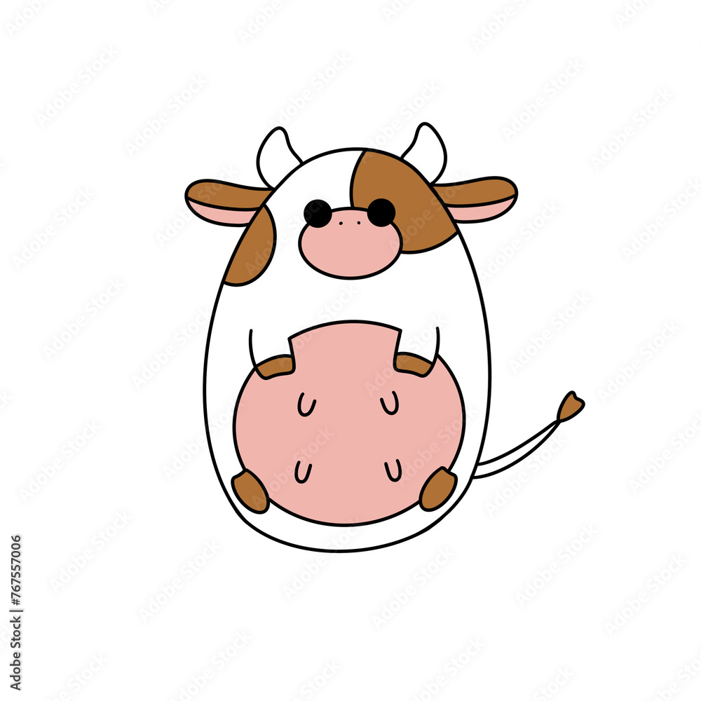 A cartoon cow with a big belly and a white spot on its head. It is holding a baby cow in its mouth A cartoon cow with a big belly and a white spot on its head. It is holding a baby cow in its mouth