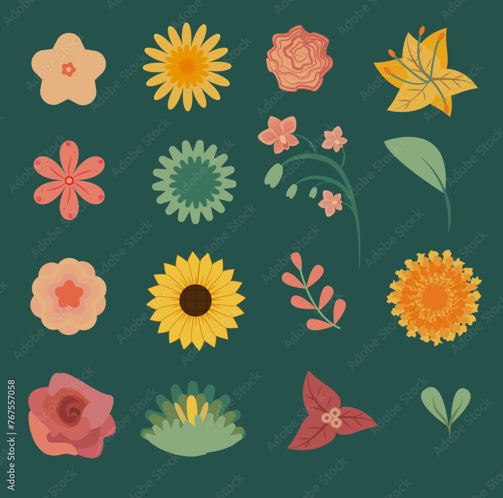 Flowers and leaves in garden, icons, flat cartoons decoraciones florales 