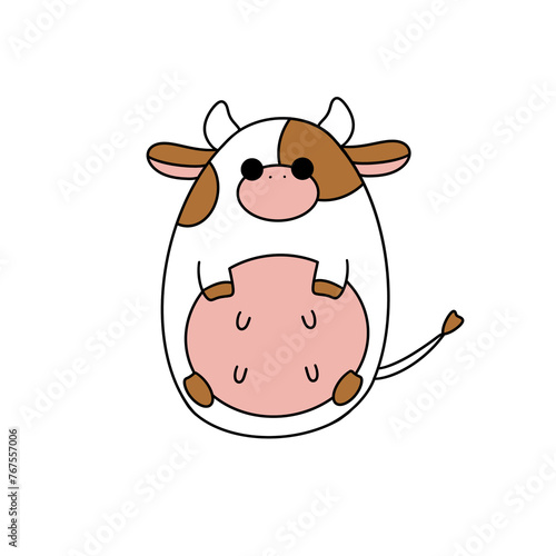 A cartoon cow with a big belly and a white spot on its head. It is holding a baby cow in its mouth