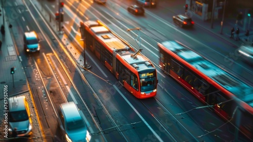 An aerial view of a bustling city shows electric buses and trams zipping along leaving behind no harmful emissions. . AI generation.