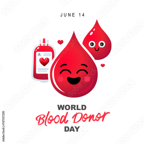 June 14 - World Blood Donor Day. A bag of blood and two smiling cartoon drops of blood. Vector illustration