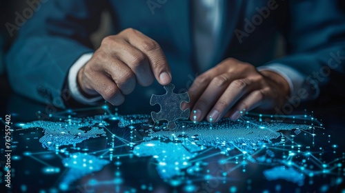 Businessman connecting a puzzle piece with a digital world map, success in global strategy 