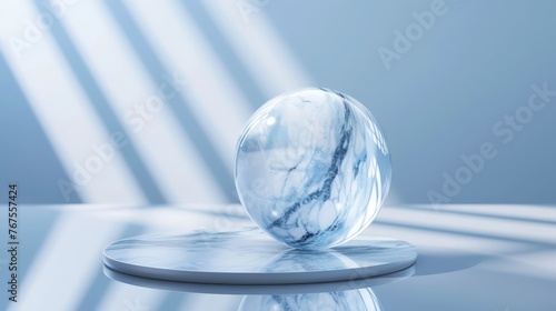 pedestal with marble glass icy ball, background backdrop
