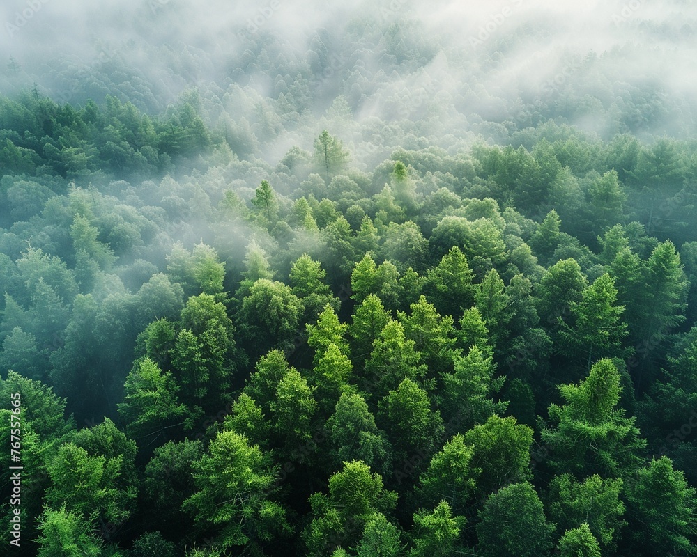 Sustainable forestry, dense green canopy, misty morning, eyelevel angle clean sharp focus - obrazy, fototapety, plakaty 