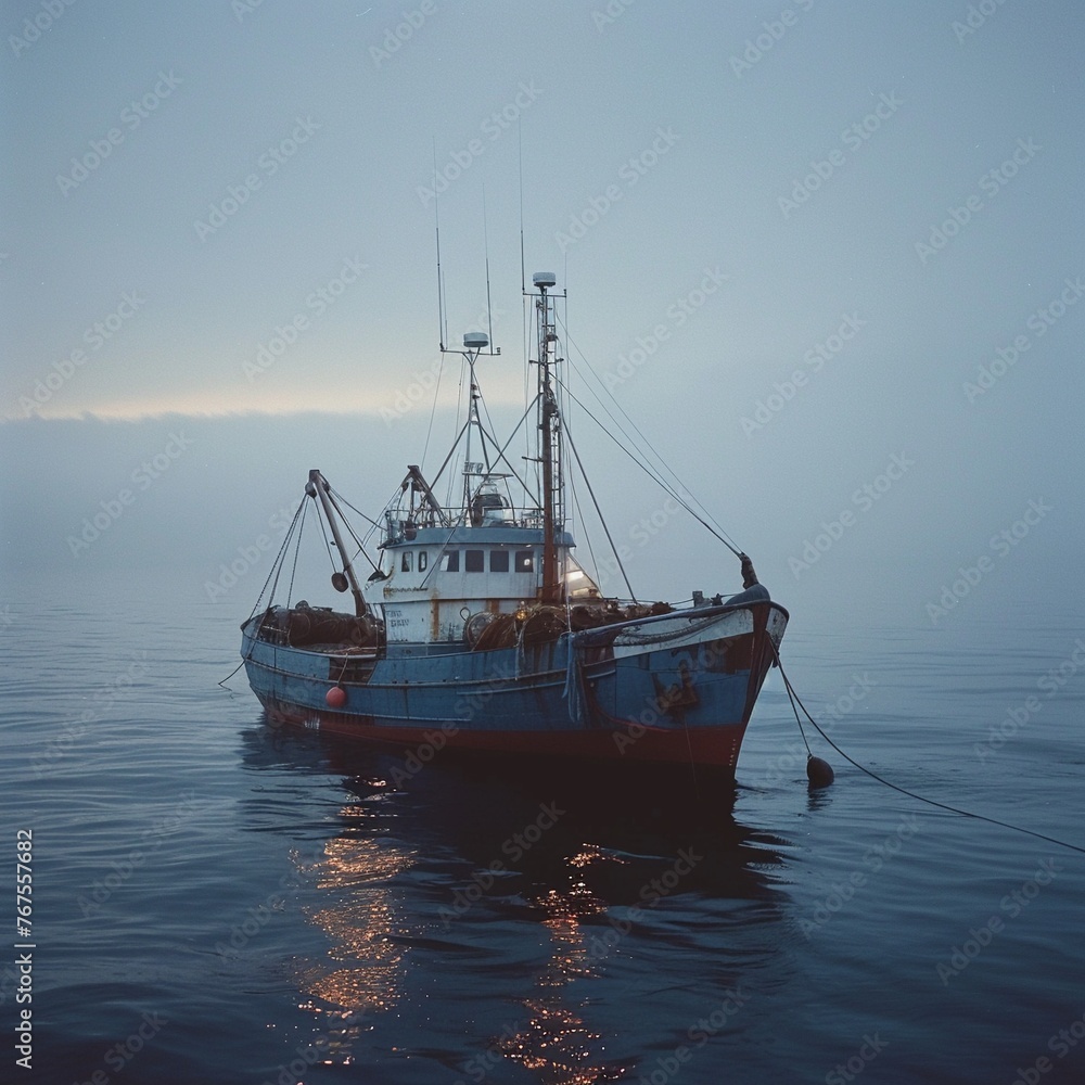 Sustainable fishing boat at sea, early morning, eyelevel with horizon digital photography