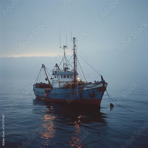 Sustainable fishing boat at sea, early morning, eyelevel with horizon digital photography