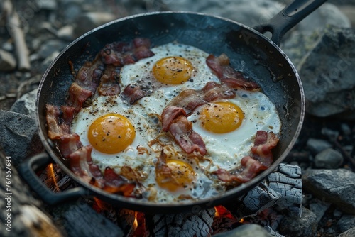 fried eggs and bacon in a pan over a fire in the mountains camping