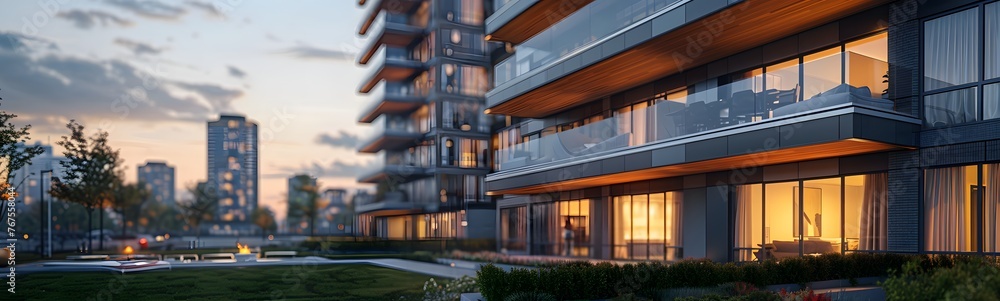The setting sun casts a golden hue over the sleek facades of modern urban apartments, embodying contemporary living.