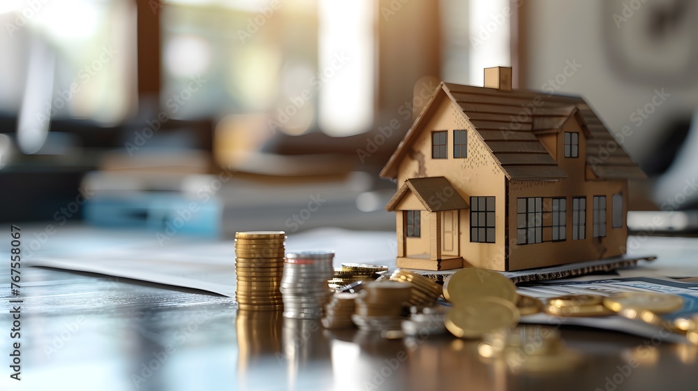 On a table, financial planning documents are presented alongside a miniature home model and ascending coin stacks, thoughtful of property investment and budgeting strategies. On a table, financial planning documents are presented alongside a miniature home model and ascending coin stacks, thoughtful of property investment and budgeting strategies.