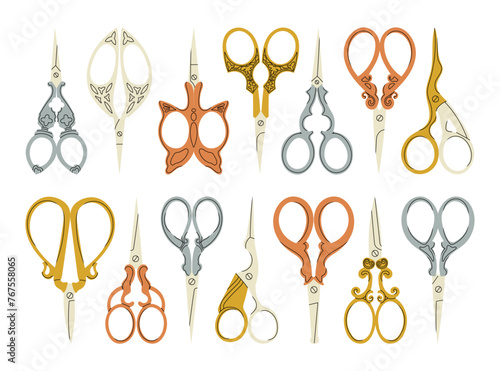 A set of colorful vintage scissors for creativity, grooming, manicure of various shapes and colors. Vector stock illustration on isolated background.