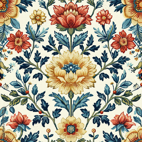 Colorful floral seamless pattern with vibrant colors flowers  ideal for fabric design or wallpaper.