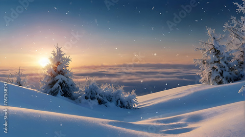 Winter snow background with snowdrifts, with beautiful light and snow flakes on the blue sky in the evening, banner format, copy space © Badi