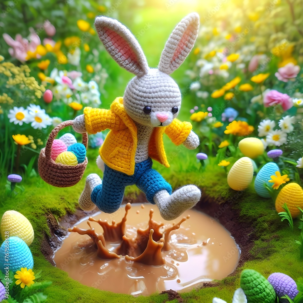 ai generated Happy Easter 3d realistic bunny doll Crochet figure jumping over a muddy puddle carrying a basket filled with colorful Easter eggs against a beautiful meadow flowers background	
