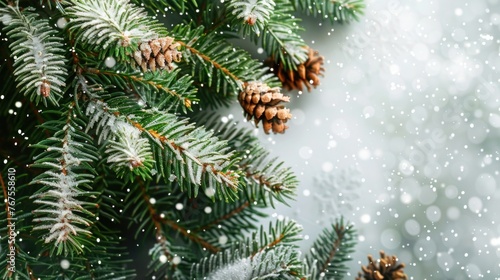 Winter Wonderland: Snow-covered Evergreen Christmas Tree with Falling Snowflakes - Horizontal