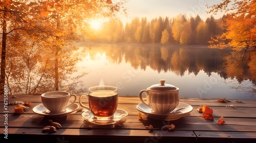 Taza de té sobre mesa de madera con puesta de sol de otoño
