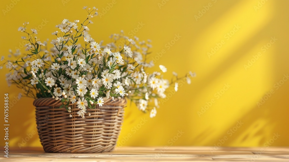 Springtime Blooms: White Flowers in Wooden Basket on Vibrant Yellow Background 