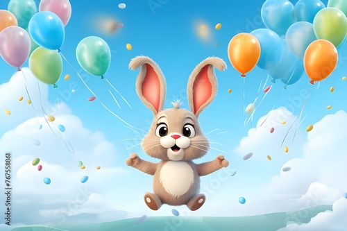 Um coelho voando no céu com balões 