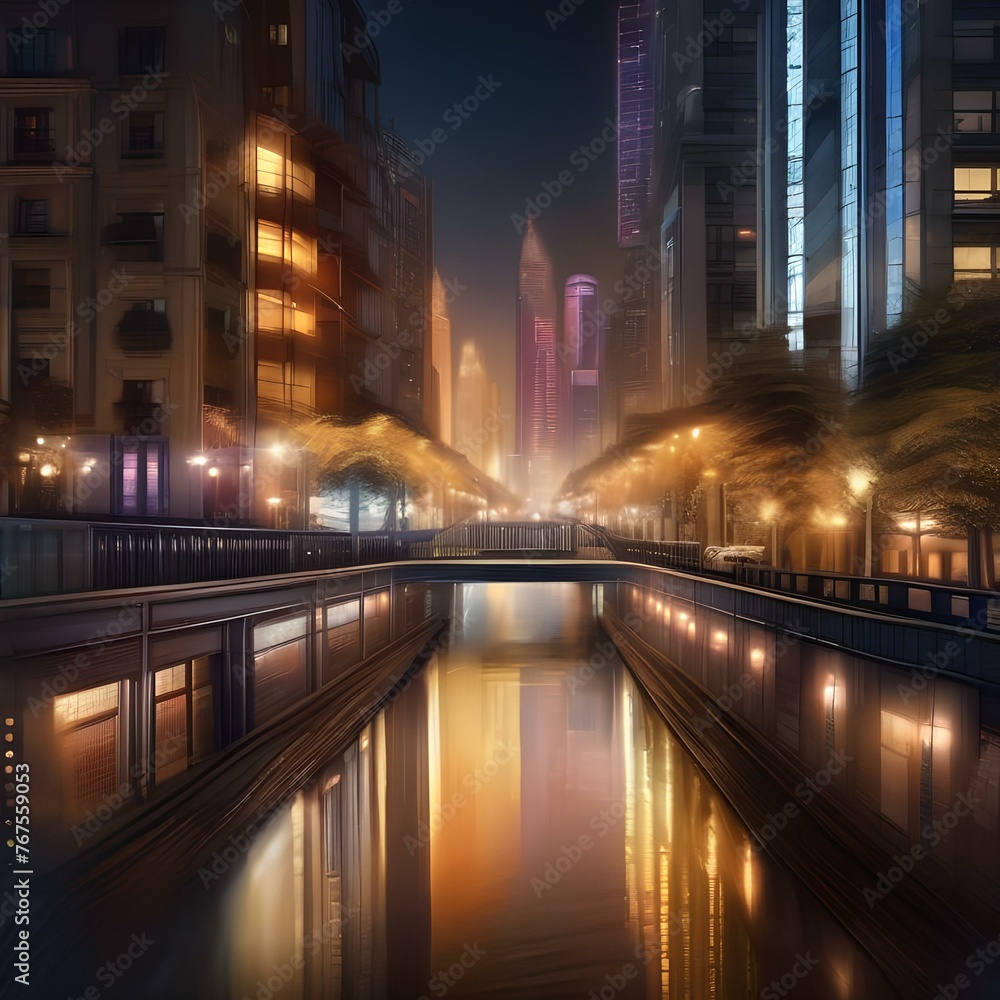 A digital painting of a cityscape at night, with emphasis on the lights and reflections3