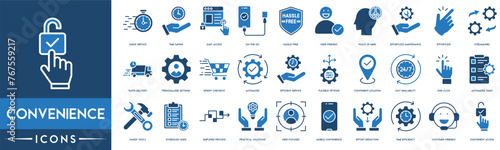 Convenience icon set. Quick Service, Convenient Access, Time Saving, Easy Access, Hassle Free, User Friendly, Streamlined, Automated, Efficient Service, Flexible Options and Convenient Location photo