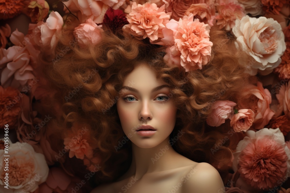Portrait of a happy young woman in blooming. Flower covering her head and face. Close up portrait of a lovely woman in summer dress. Generative AI. Portrait of a happy young woman in blooming. Flower covering her head and face. Close up portrait of a lovely woman in summer dress. Generative AI.
