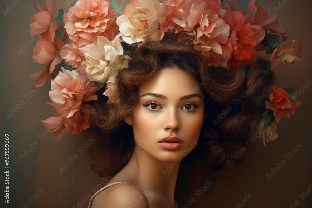 Portrait of a happy young woman in blooming. Flower covering her head and face. Close up portrait of a lovely woman in summer dress. Generative AI. Portrait of a happy young woman in blooming. Flower covering her head and face. Close up portrait of a lovely woman in summer dress. Generative AI.