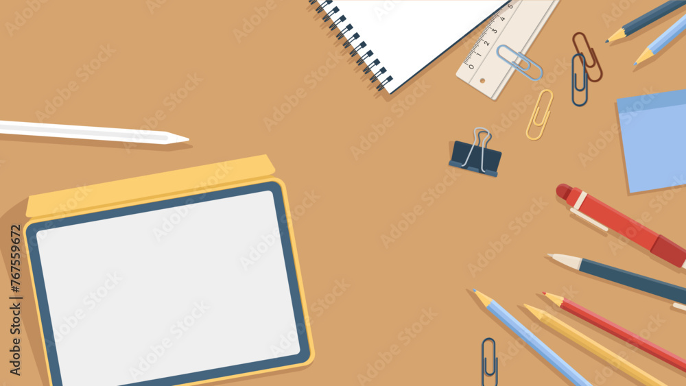 desk top view in flat style keyboard, notebook, phone and tablet, post its clips pens pencils over brown table desk top view in flat style keyboard, notebook, phone and tablet, post its clips pens pencils over brown table
