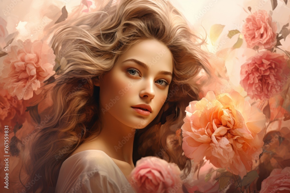 Portrait of a happy young woman in blooming. Flower covering her head and face. Close up portrait of a lovely woman in summer dress. Generative AI. Portrait of a happy young woman in blooming. Flower covering her head and face. Close up portrait of a lovely woman in summer dress. Generative AI.