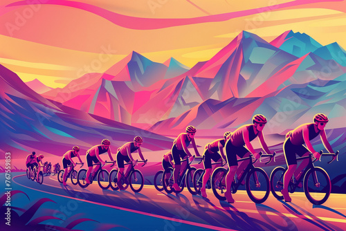 Cycling race in beautiful nature mountain. Bicycle racers in action. Professional cyclists colorful Grainy gradients modern art design. AI generated