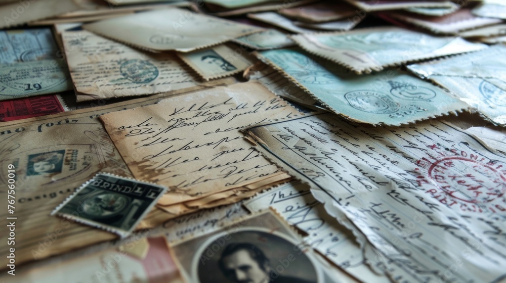 Naklejka premium A collage of vintage postcards stamps and handwritten letters evoking a sense of nostalgia and longing for the past on this lofi album.