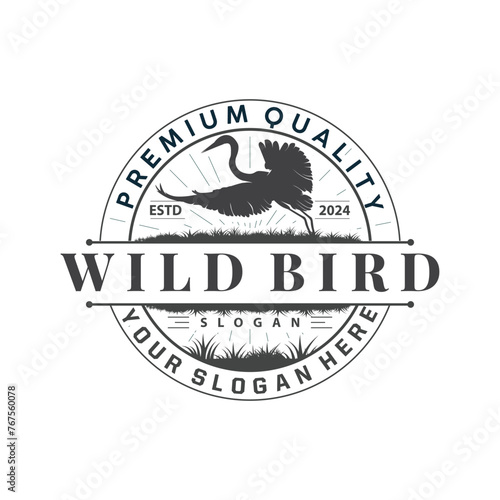 Stork Bird Logo, Heron, Grass, And River Design, Vector Simple Template illustration